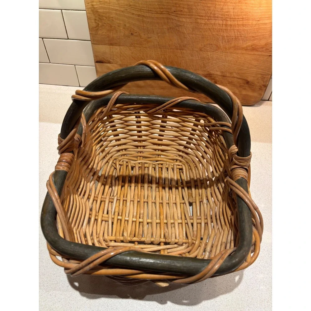 Vintage Woven Wicker Picnic Basket Two-Tone Green Handle Rectangular Farmhouse